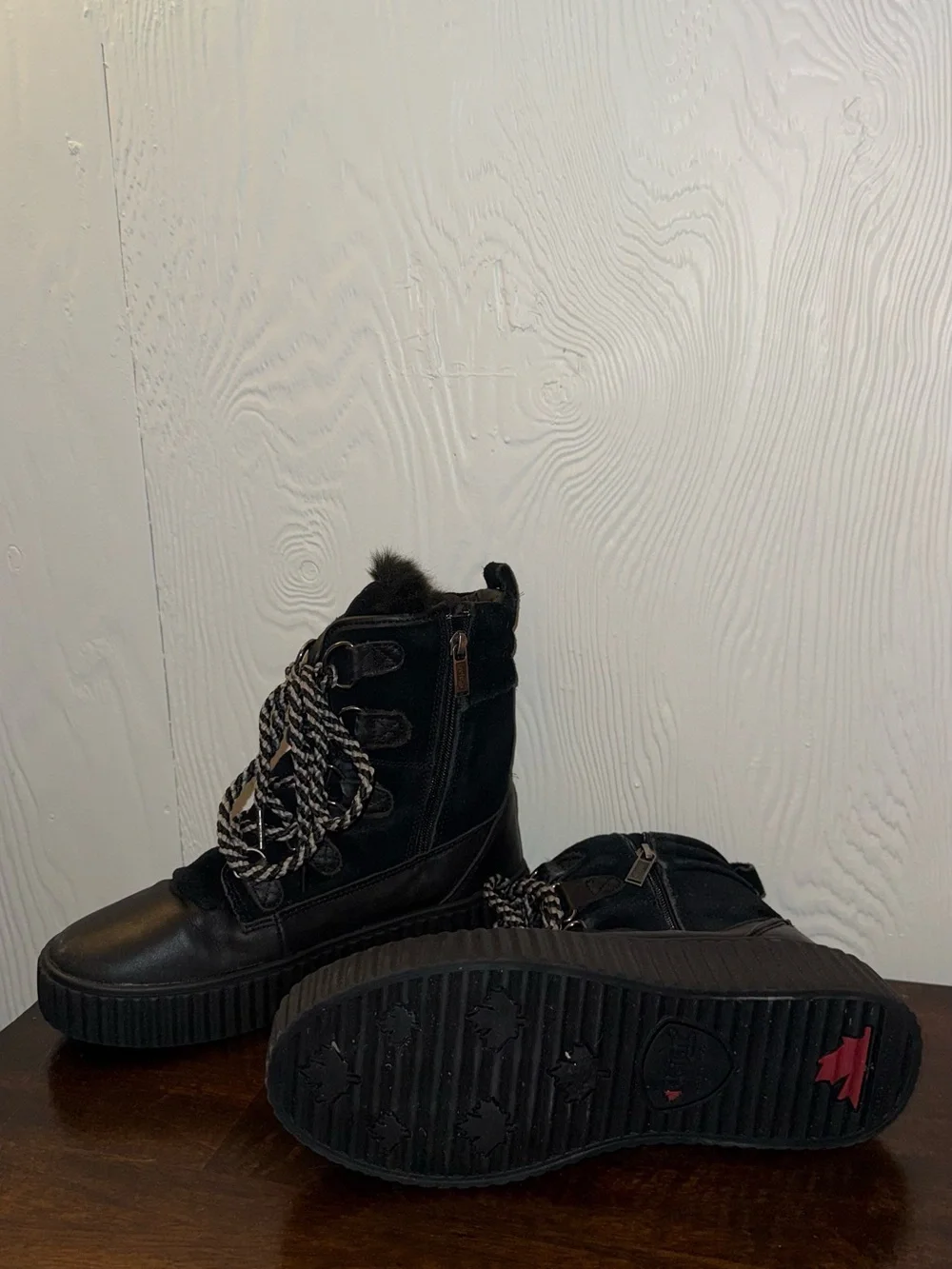 Pajar Black Faux Fur Lace-Up Platform Ankle Boots